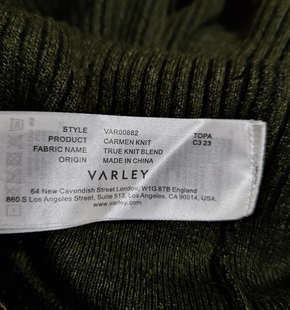 NWT Varley Olive Ribbed Zip Through Rib Knit Sweater Preppy Athleisure Size L